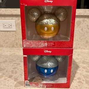 Lot of 2 Hallmark Disney Mickey Mouse Icon Glass Christmas Ornament Gold & Blue